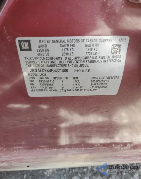 2016 Chevrolet Equinox Lt z USA, uszkodzony, nr VIN 2GNALCEK4G6221388